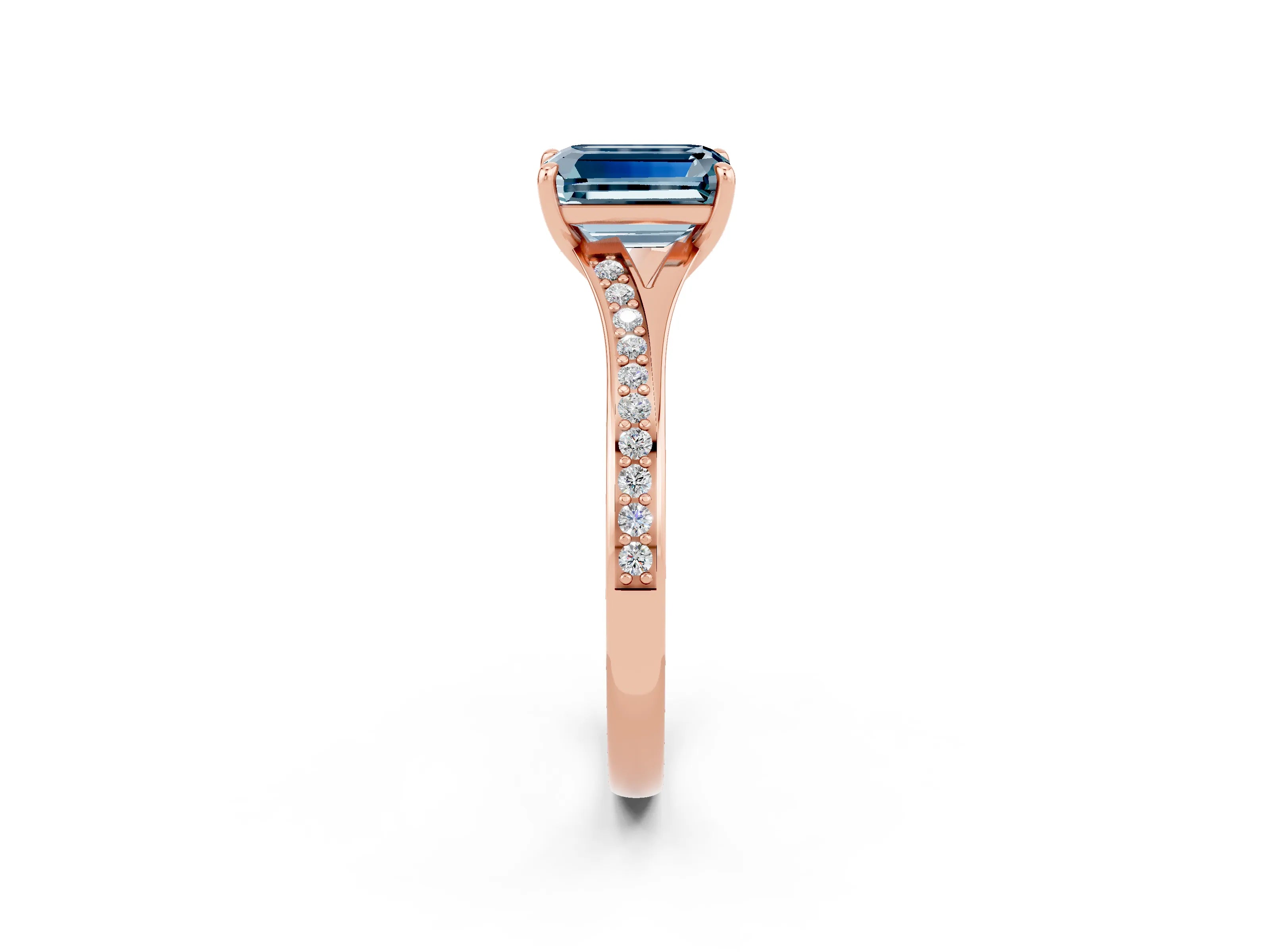 Rose gold Emerald Cut Aquamarine Solitaire Ring with Pavé Band and Prong Setting_26