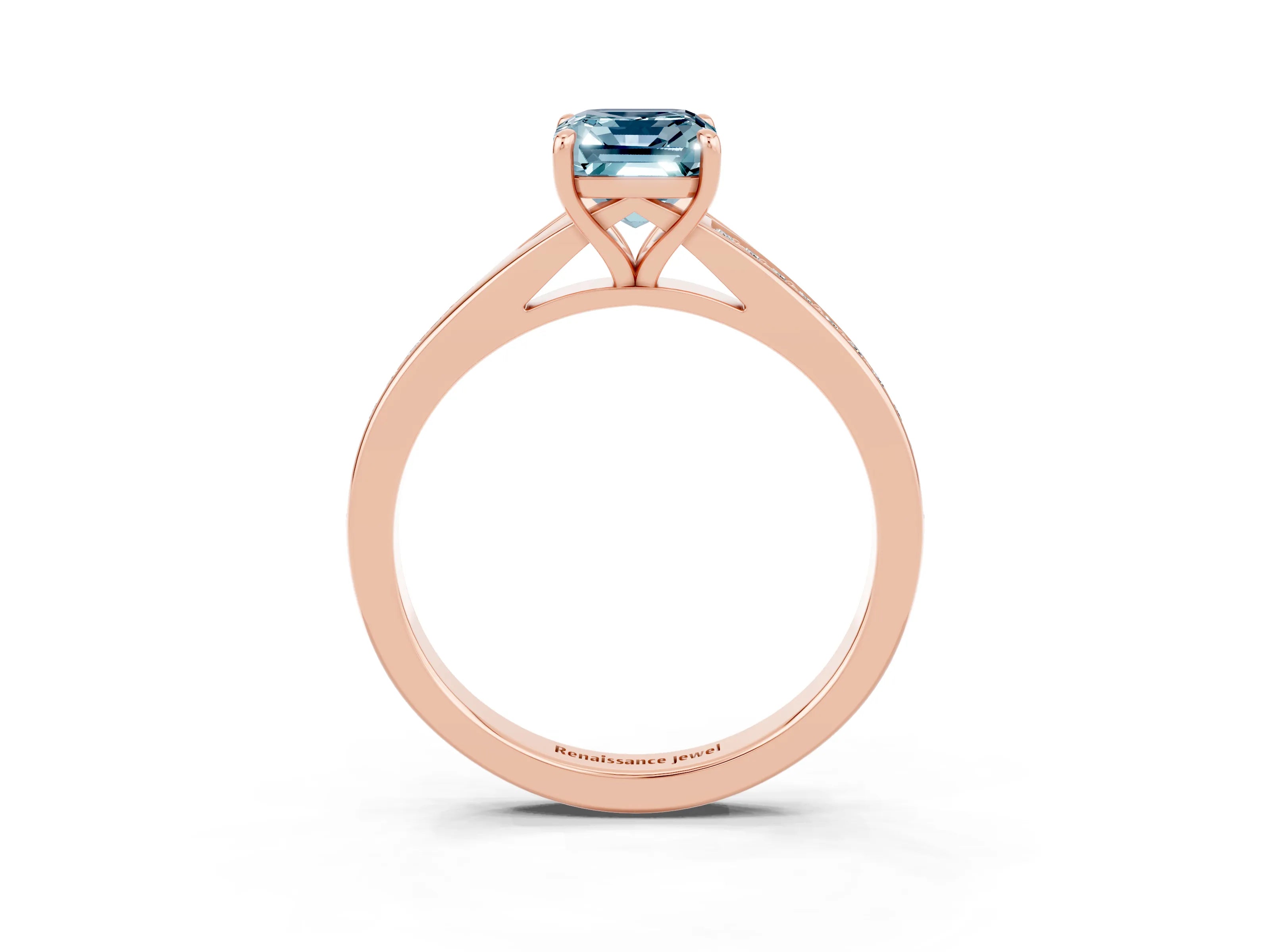 Rose gold Emerald Cut Aquamarine Solitaire Ring with Pavé Band and Prong Setting_27