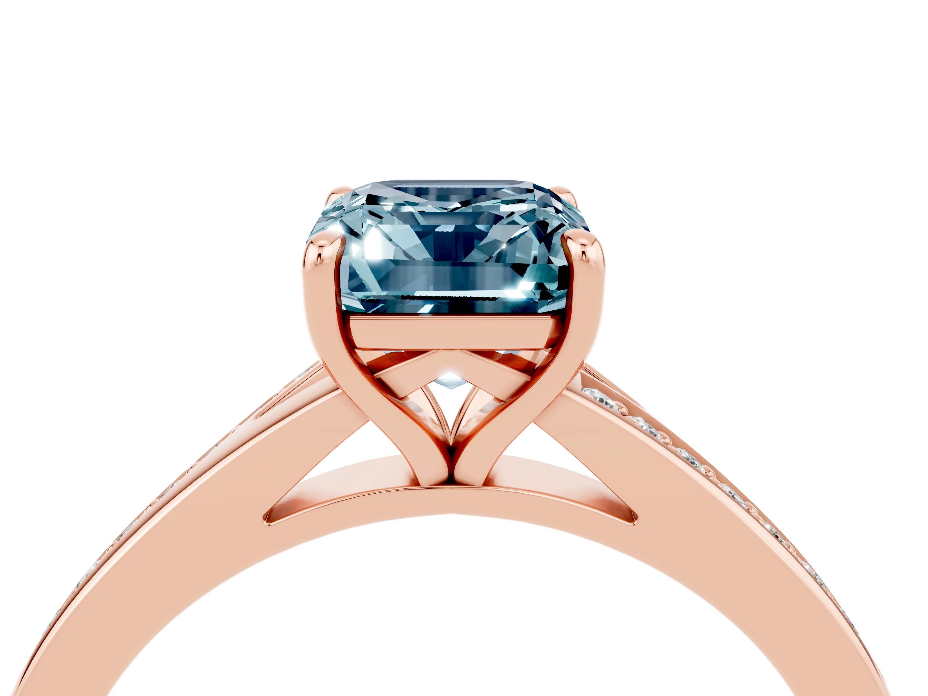 Rose gold Emerald Cut Aquamarine Solitaire Ring with Pavé Band and Prong Setting_28