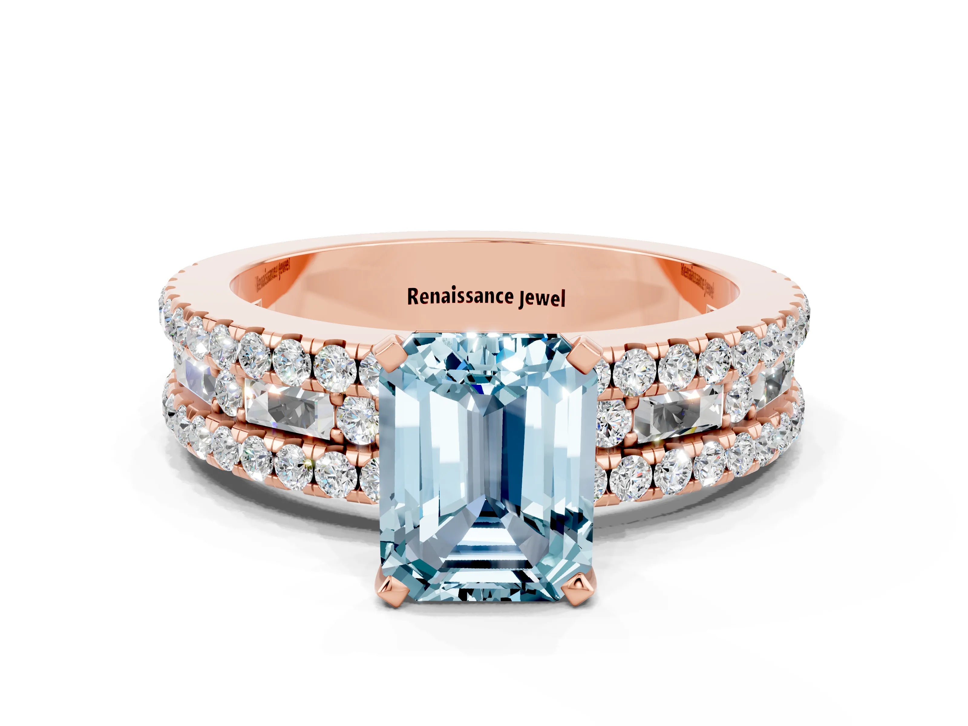 Rose gold Emerald Cut Aquamarine Solitaire Ring with Pavé and Channel Set Band