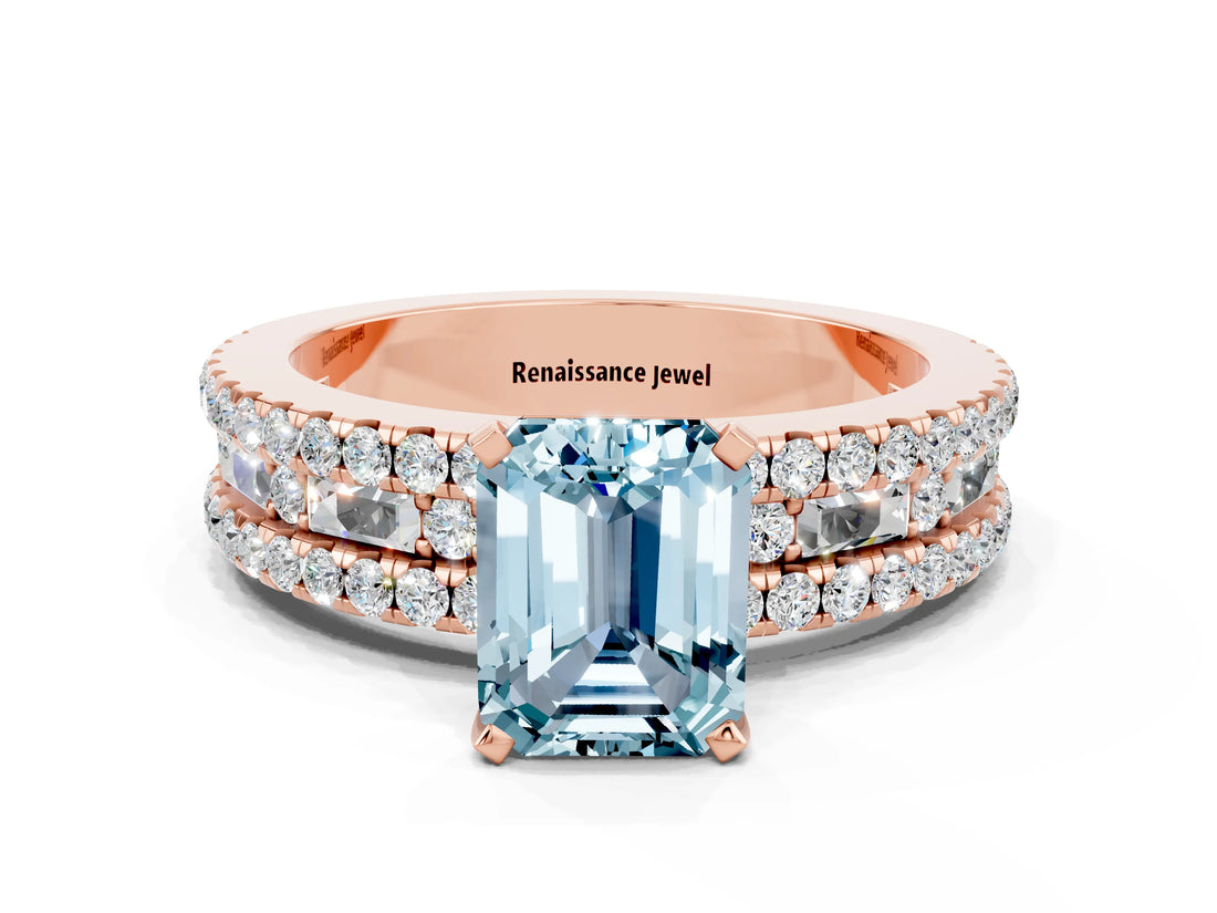 Rose gold Emerald Cut Aquamarine Solitaire Ring with Pavé and Channel Set Band