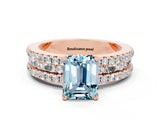 Rose gold Emerald Cut Aquamarine Solitaire Ring with Pavé and Channel Set Band