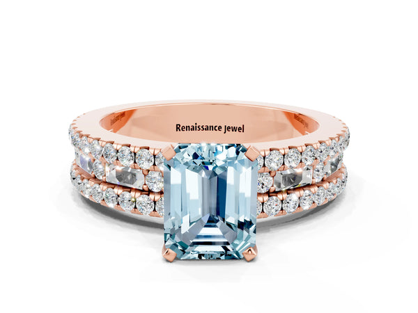 Rose gold Emerald Cut Aquamarine Solitaire Ring with Pavé and Channel Set Band