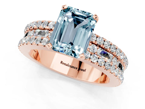 Rose gold Emerald Cut Aquamarine Solitaire Ring with Pavé and Channel Set Band_1