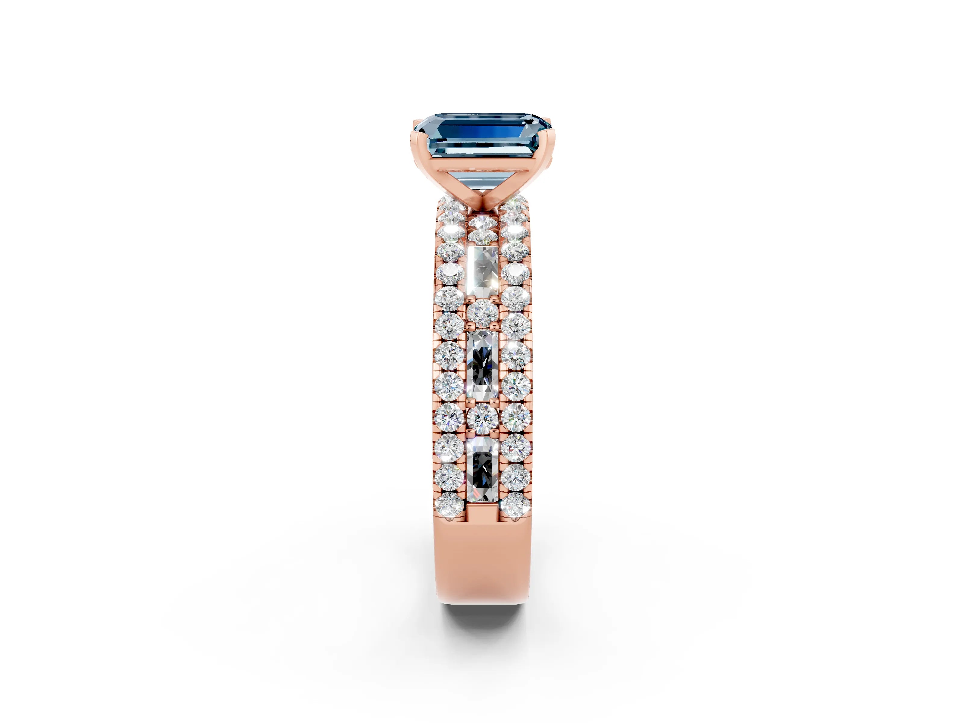 Rose gold Emerald Cut Aquamarine Solitaire Ring with Pavé and Channel Set Band_2