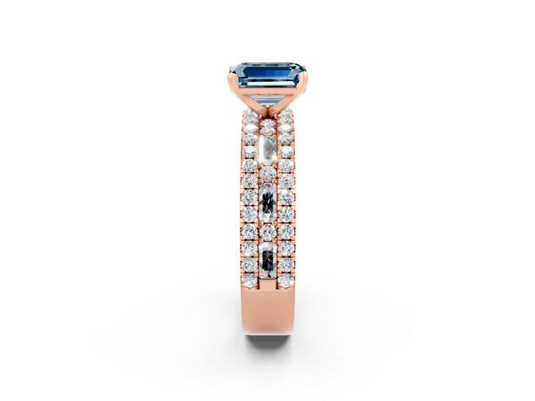 Rose gold Emerald Cut Aquamarine Solitaire Ring with Pavé and Channel Set Band