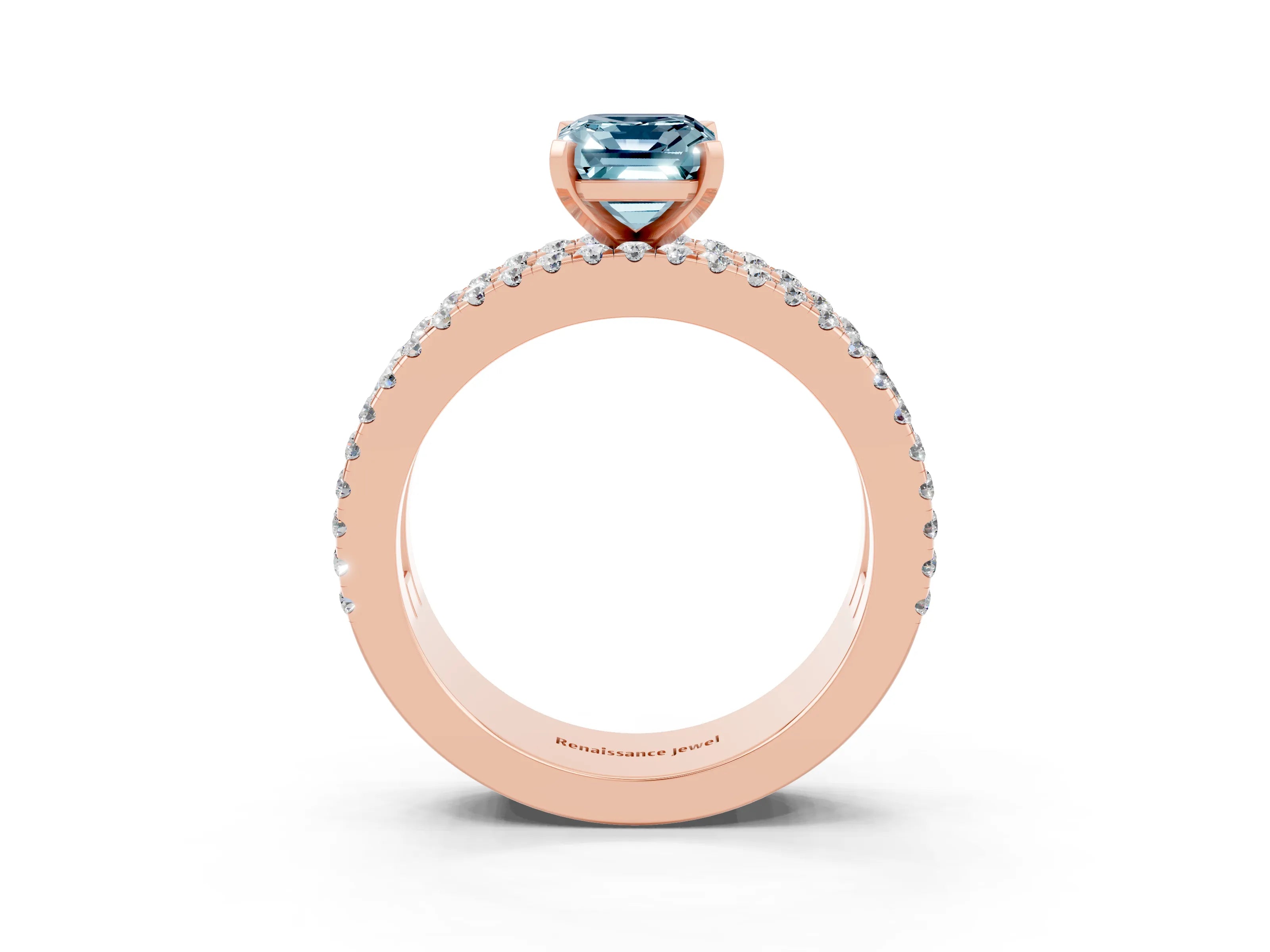 Rose gold Emerald Cut Aquamarine Solitaire Ring with Pavé and Channel Set Band_3