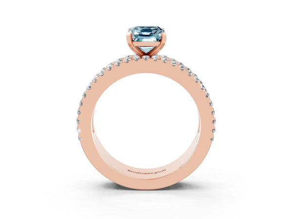 Rose gold Emerald Cut Aquamarine Solitaire Ring with Pavé and Channel Set Band