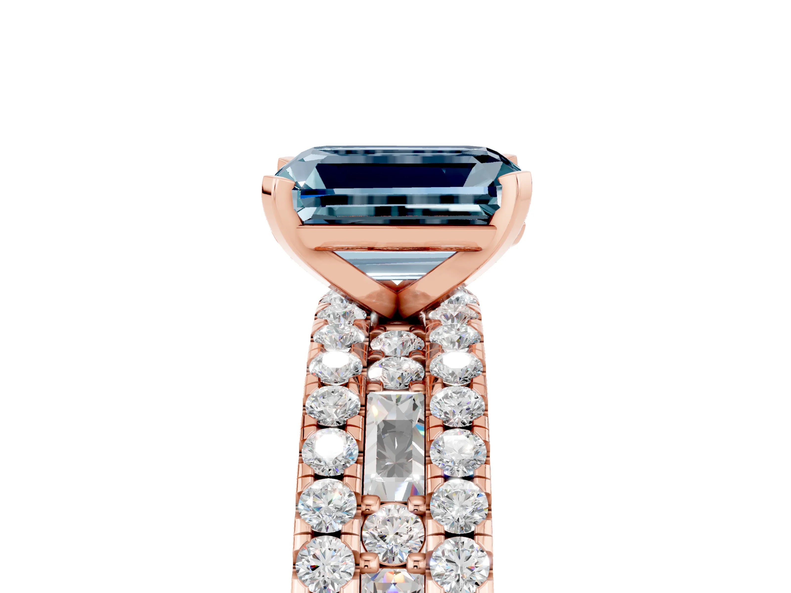 Rose gold Emerald Cut Aquamarine Solitaire Ring with Pavé and Channel Set Band_5