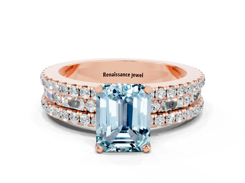 Rose gold Emerald Cut Aquamarine Solitaire Ring with Pavé and Channel Set Band
