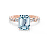 Rose gold Emerald Cut Aquamarine Solitaire Ring with Pave Band and Four Prong Setting_24
