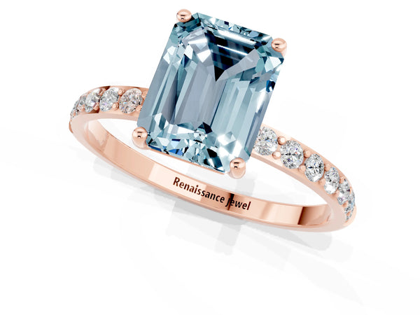 Rose gold Emerald Cut Aquamarine Solitaire Ring with Round  Pavé Band and Prong Setting