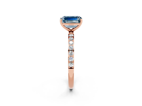 Rose gold Emerald Cut Aquamarine Solitaire Ring with Round  Pavé Band and Prong Setting