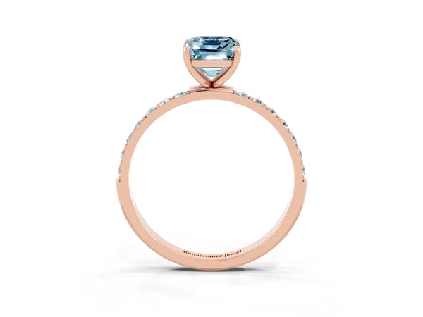 Rose gold Emerald Cut Aquamarine Solitaire Ring with Round  Pavé Band and Prong Setting