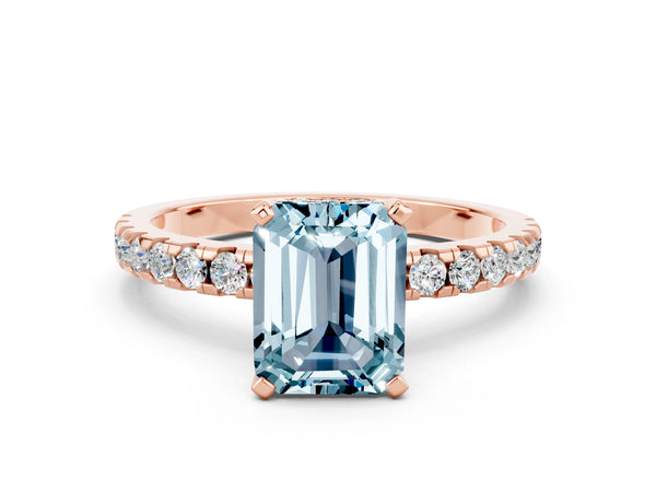Rose gold Emerald Cut Aquamarine Solitaire Ring with Round  Pavé Band and Four-Prong Setting