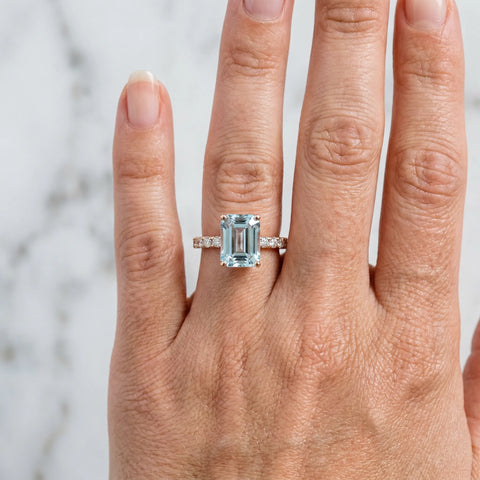 Rose gold Emerald Cut Aquamarine Solitaire Ring with Round  Pavé Band and Four-Prong Setting_42