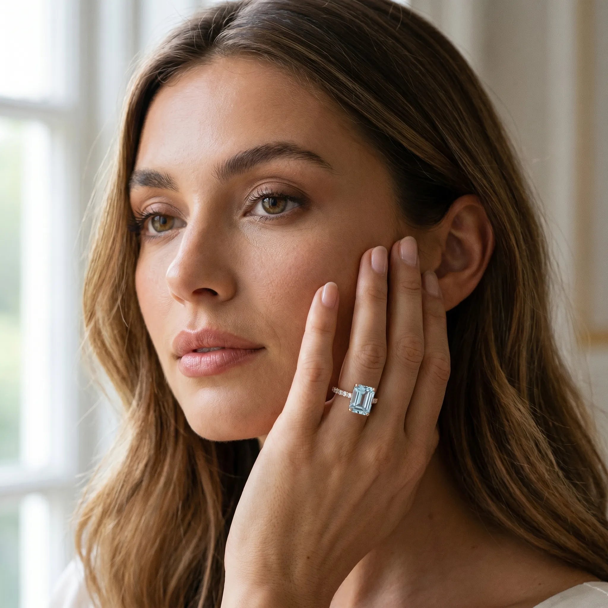 Rose gold Emerald Cut Aquamarine Solitaire Ring with Round  Pavé Band and Four-Prong Setting_43