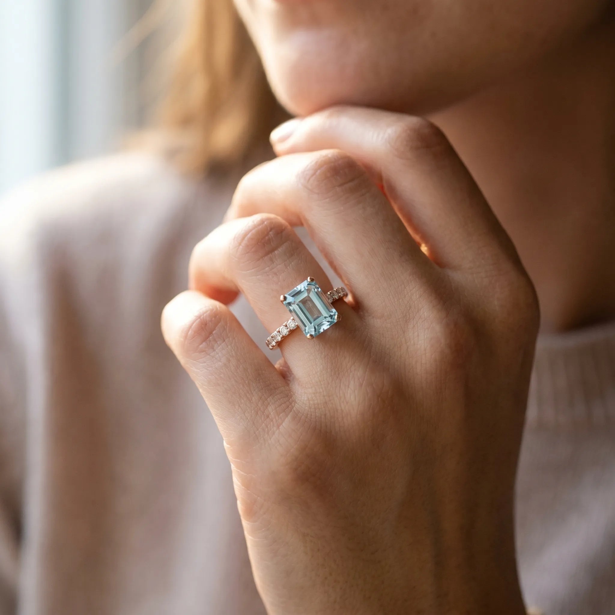 Rose gold Emerald Cut Aquamarine Solitaire Ring with Round  Pavé Band and Four-Prong Setting_44