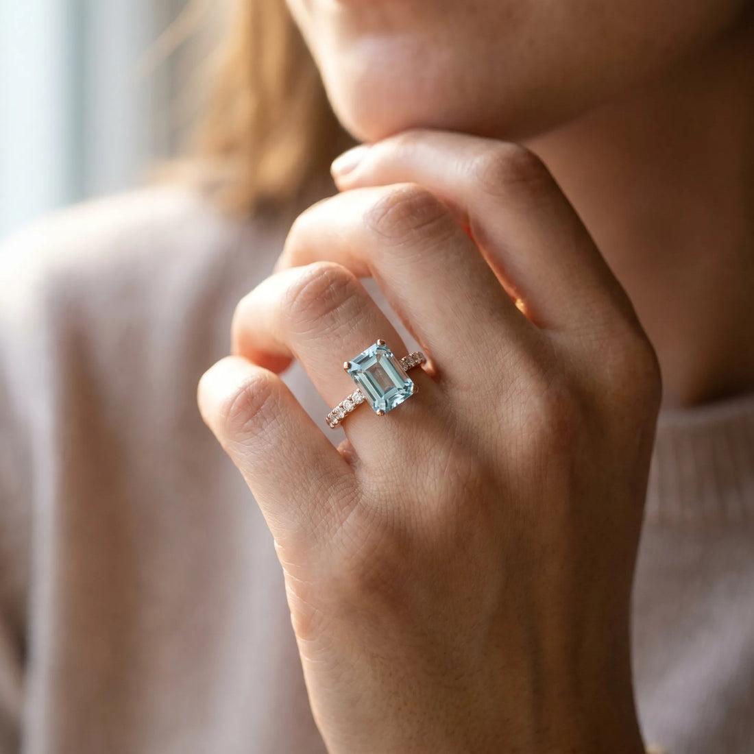 Rose gold Emerald Cut Aquamarine Solitaire Ring with Round  Pavé Band and Four-Prong Setting_44