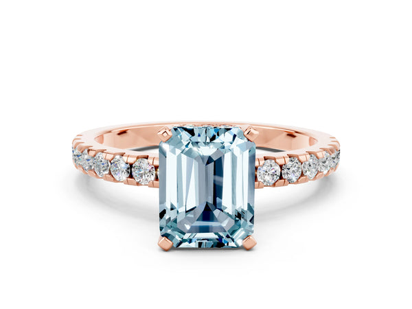 Rose gold Emerald Cut Aquamarine Solitaire Ring with Round Pavé Band and Four-Prong Setting