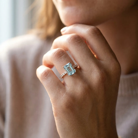 Rose gold Emerald Cut Aquamarine Solitaire Ring with Round  Pavé Band and Four-Prong Setting_44