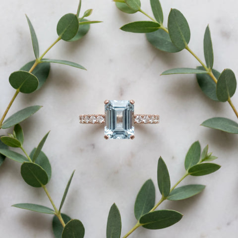 Rose gold Emerald Cut Aquamarine Solitaire Ring with Round  Pavé Band and Four-Prong Setting_45