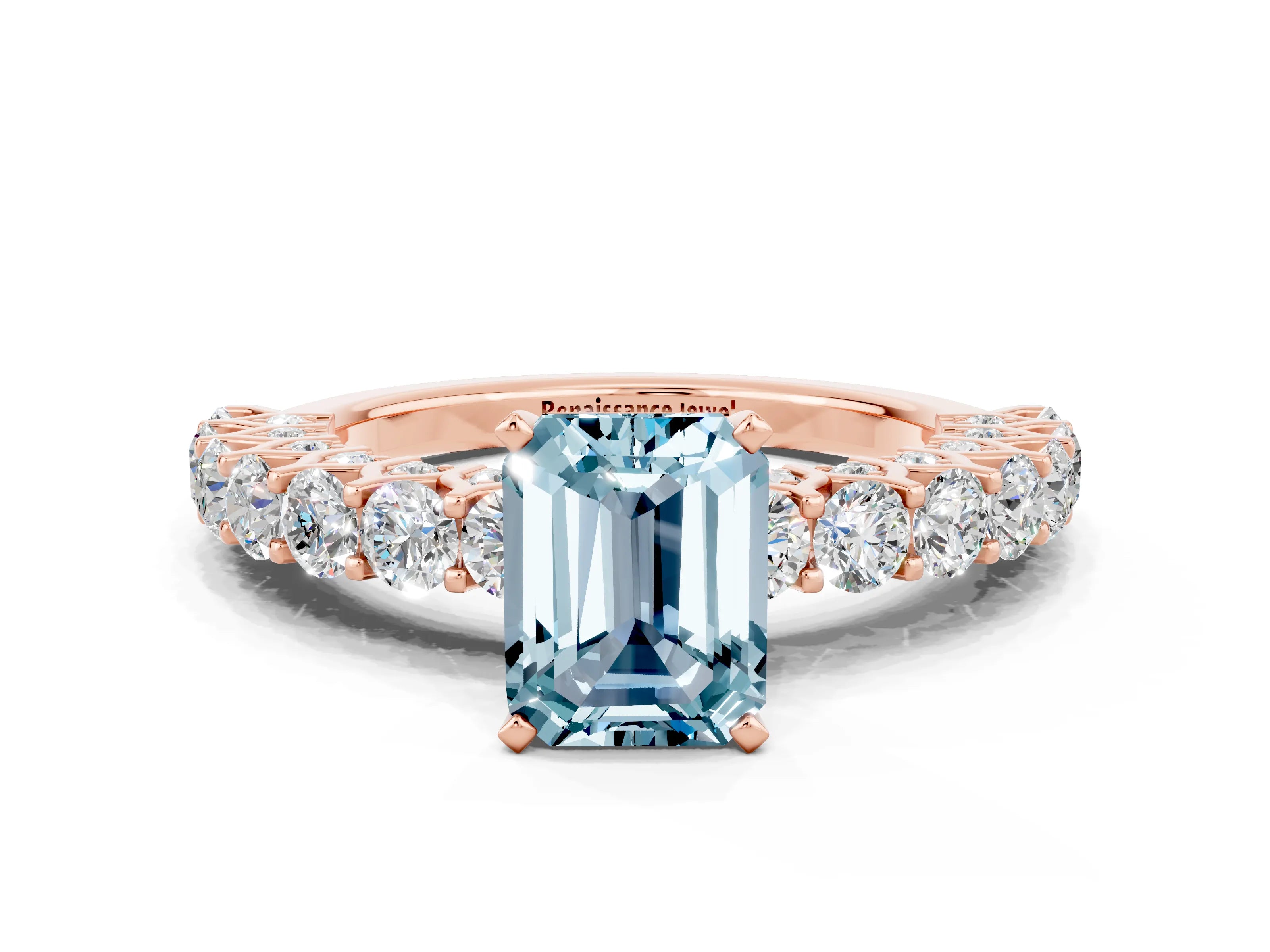 Rose gold Emerald Cut Aquamarine Solitaire Ring with Shared Prong Pavé Band and Four-Prong Setting