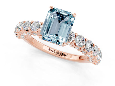 Rose gold Emerald Cut Aquamarine Solitaire Ring with Shared Prong Pavé Band and Four-Prong Setting_1
