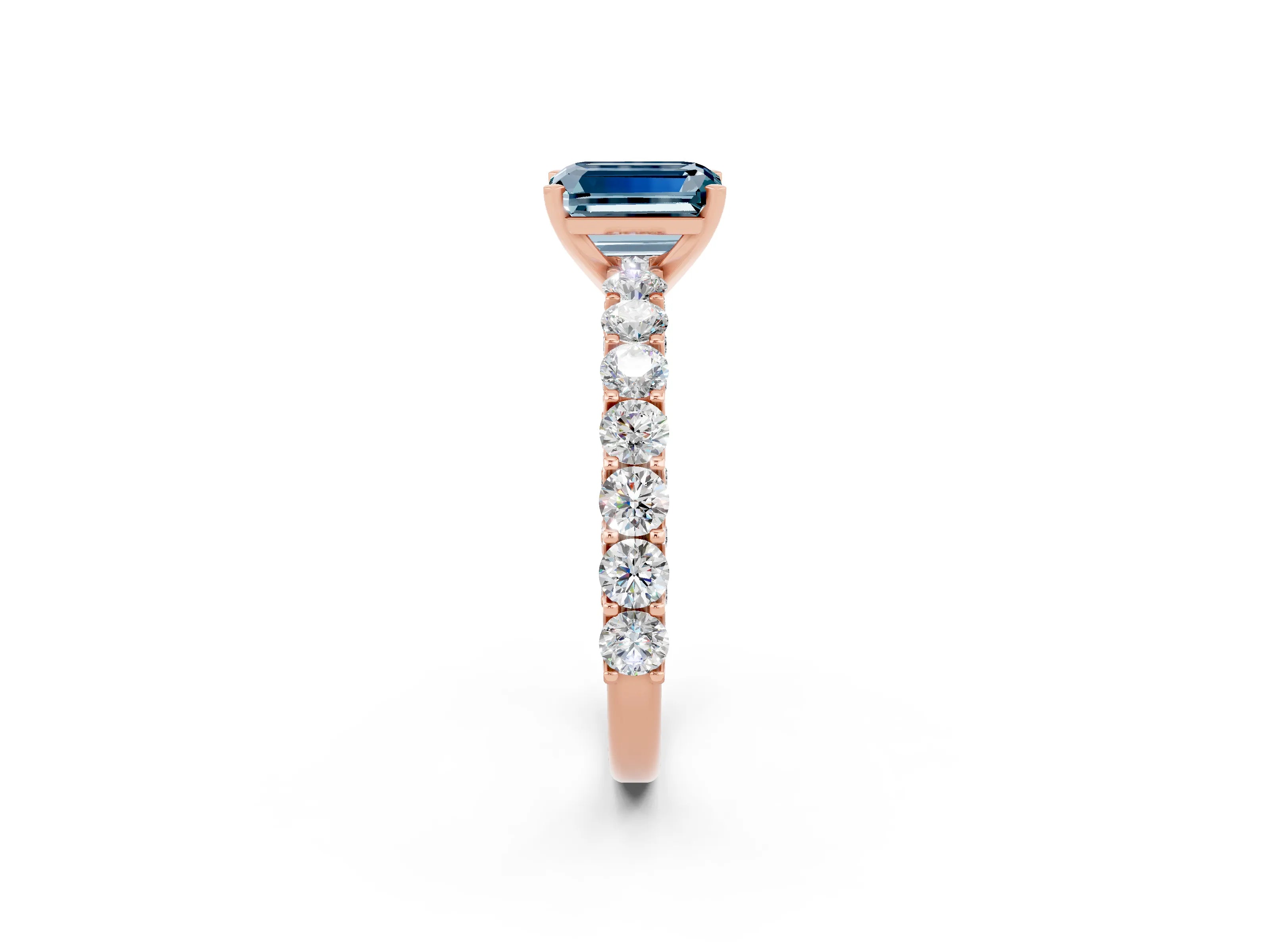 Rose gold Emerald Cut Aquamarine Solitaire Ring with Shared Prong Pavé Band and Four-Prong Setting_2