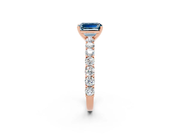 Rose gold Emerald Cut Aquamarine Solitaire Ring with Shared Prong Pavé Band and Four-Prong Setting