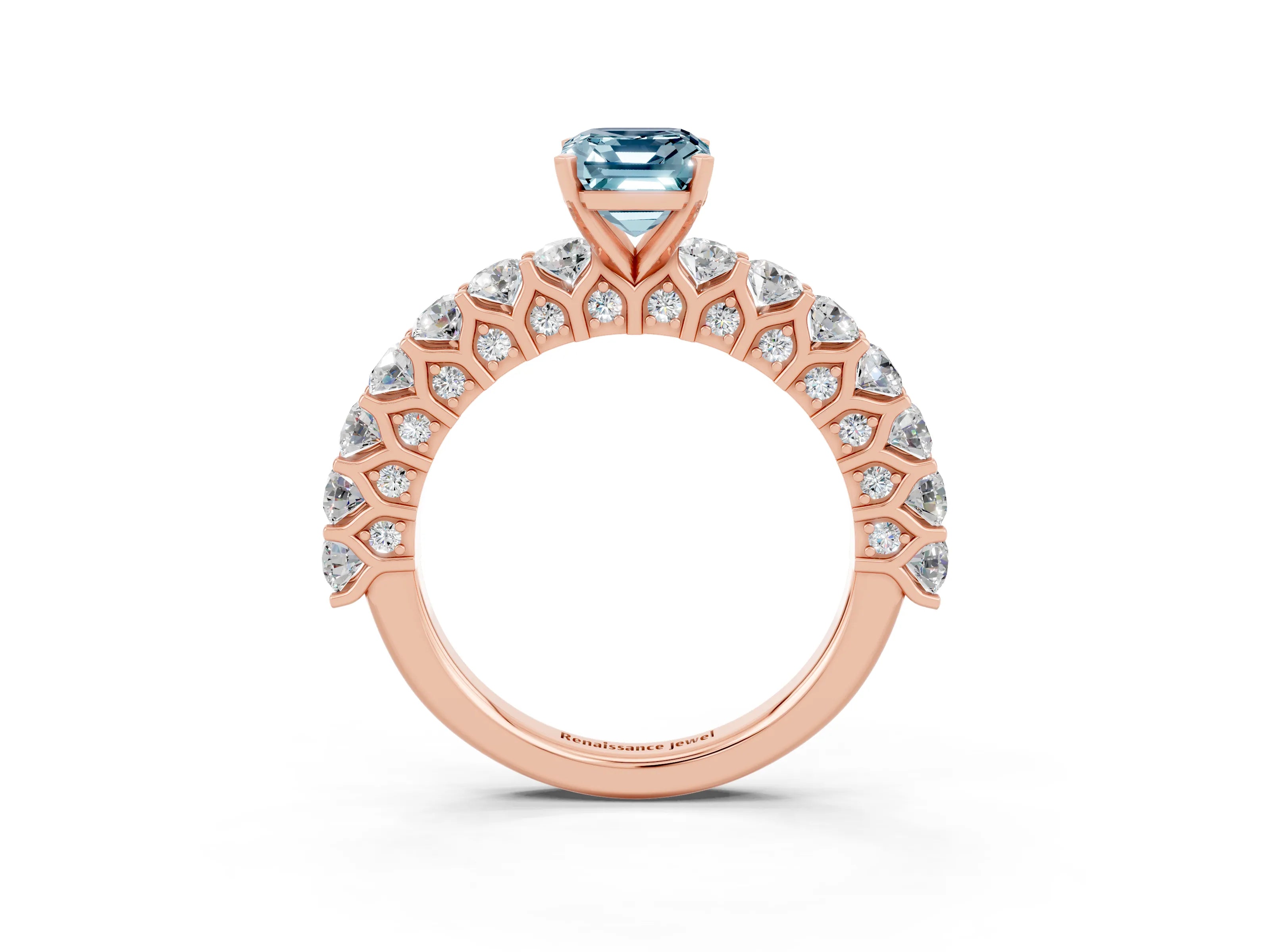 Rose gold Emerald Cut Aquamarine Solitaire Ring with Shared Prong Pavé Band and Four-Prong Setting_3