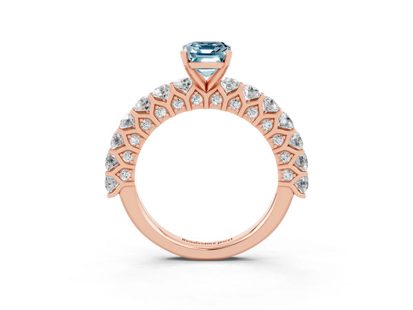 Rose gold Emerald Cut Aquamarine Solitaire Ring with Shared Prong Pavé Band and Four-Prong Setting