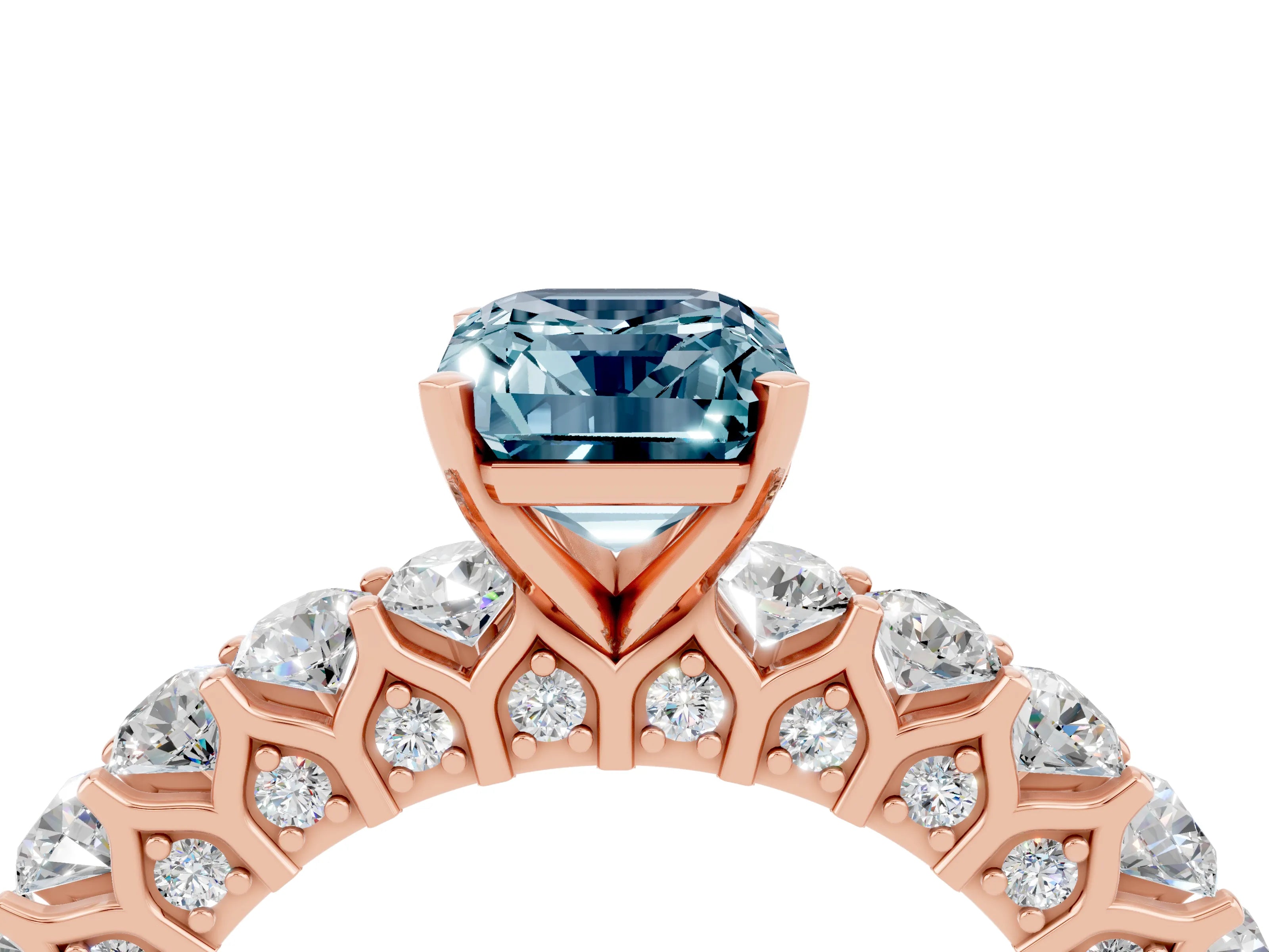 Rose gold Emerald Cut Aquamarine Solitaire Ring with Shared Prong Pavé Band and Four-Prong Setting_4