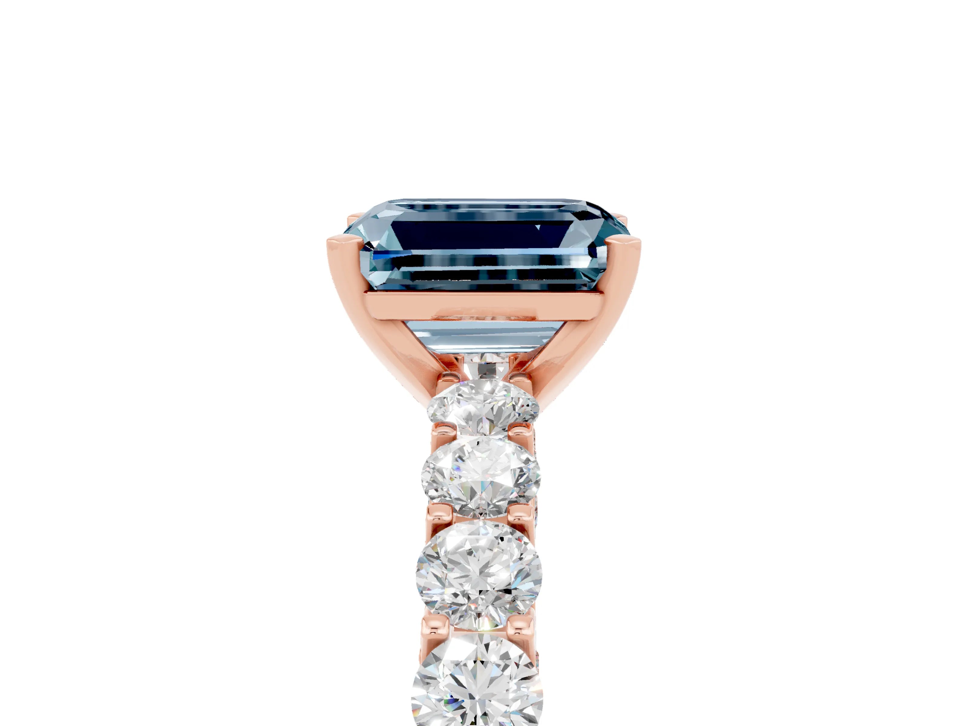 Rose gold Emerald Cut Aquamarine Solitaire Ring with Shared Prong Pavé Band and Four-Prong Setting_5