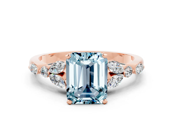 Rose gold Emerald Cut Aquamarine Solitaire Ring with Side Stones and Four-Prong Setting