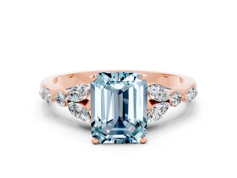 Rose gold Emerald Cut Aquamarine Solitaire Ring with Side Stones and Four-Prong Setting_12