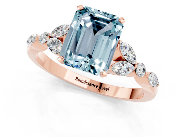 Rose gold Emerald Cut Aquamarine Solitaire Ring with Side Stones and Four-Prong Setting
