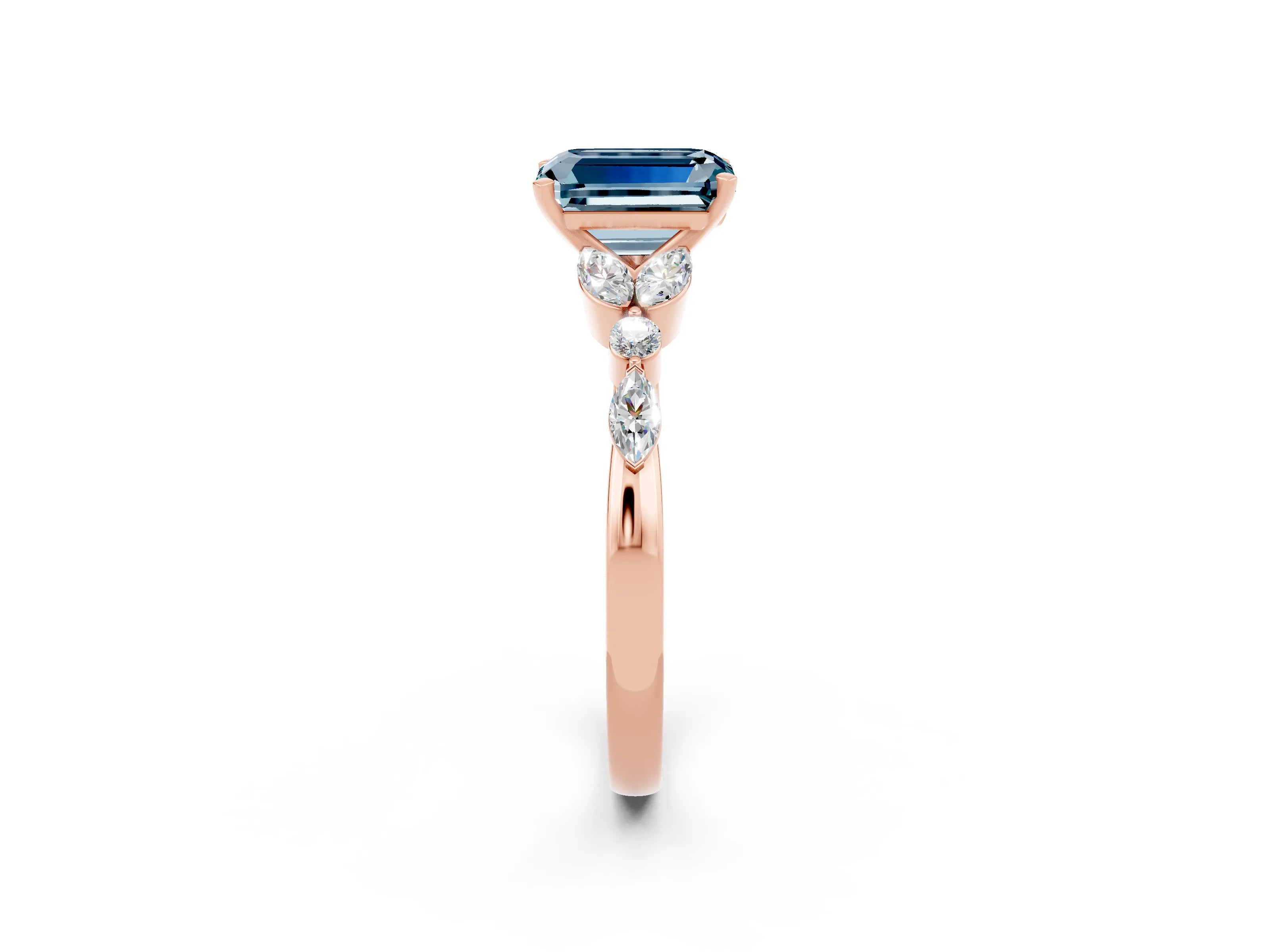 Rose gold Emerald Cut Aquamarine Solitaire Ring with Side Stones and Four-Prong Setting_14