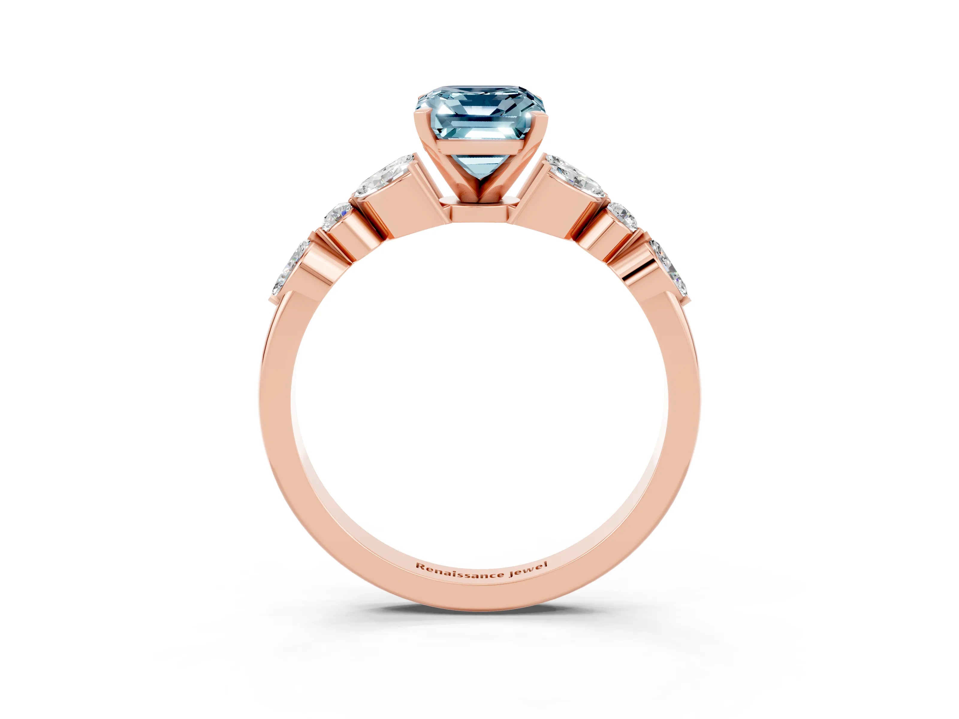 Rose gold Emerald Cut Aquamarine Solitaire Ring with Side Stones and Four-Prong Setting_15
