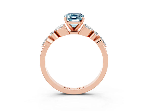 Rose gold Emerald Cut Aquamarine Solitaire Ring with Side Stones and Four-Prong Setting