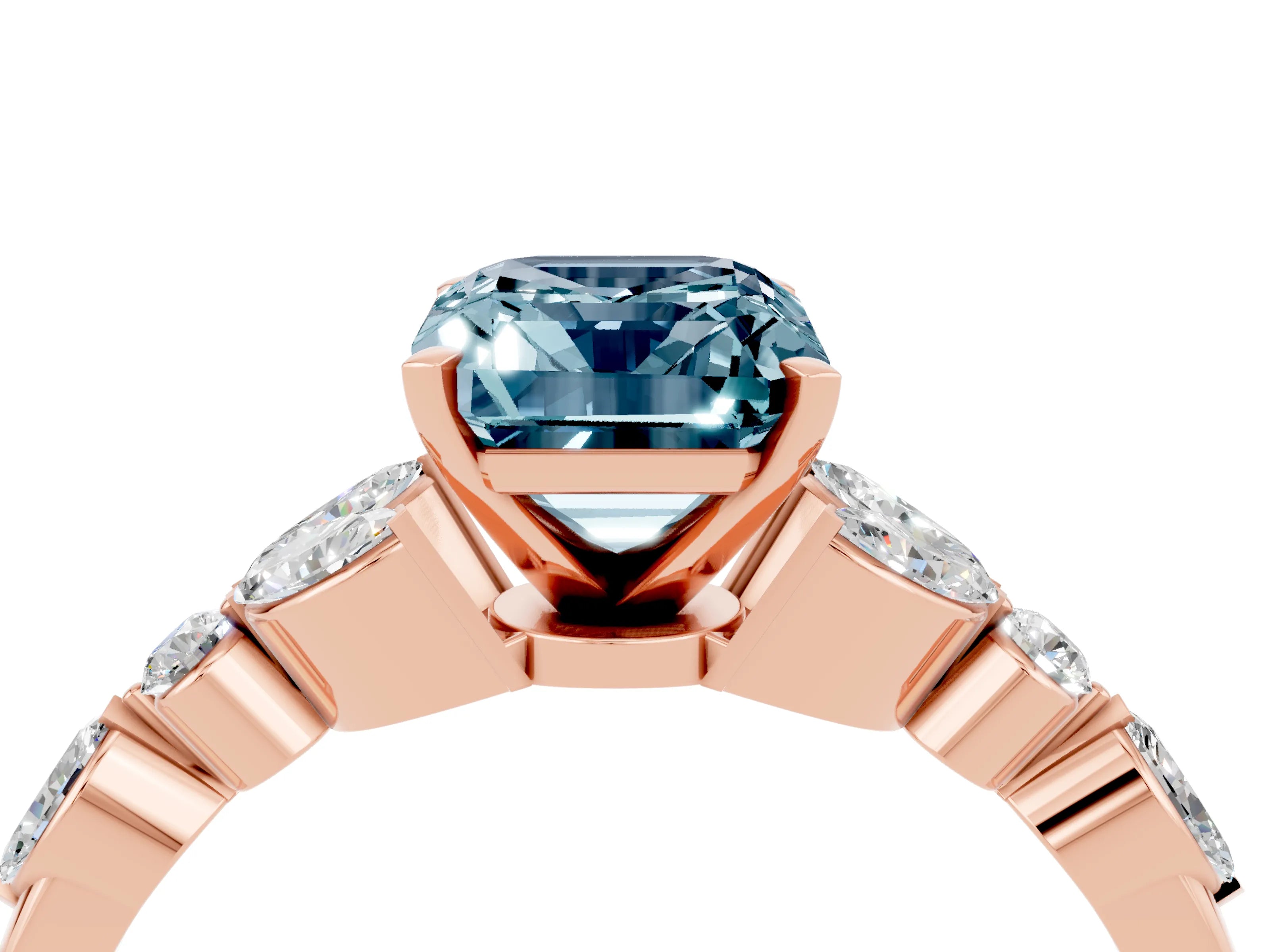 Rose gold Emerald Cut Aquamarine Solitaire Ring with Side Stones and Four-Prong Setting_16