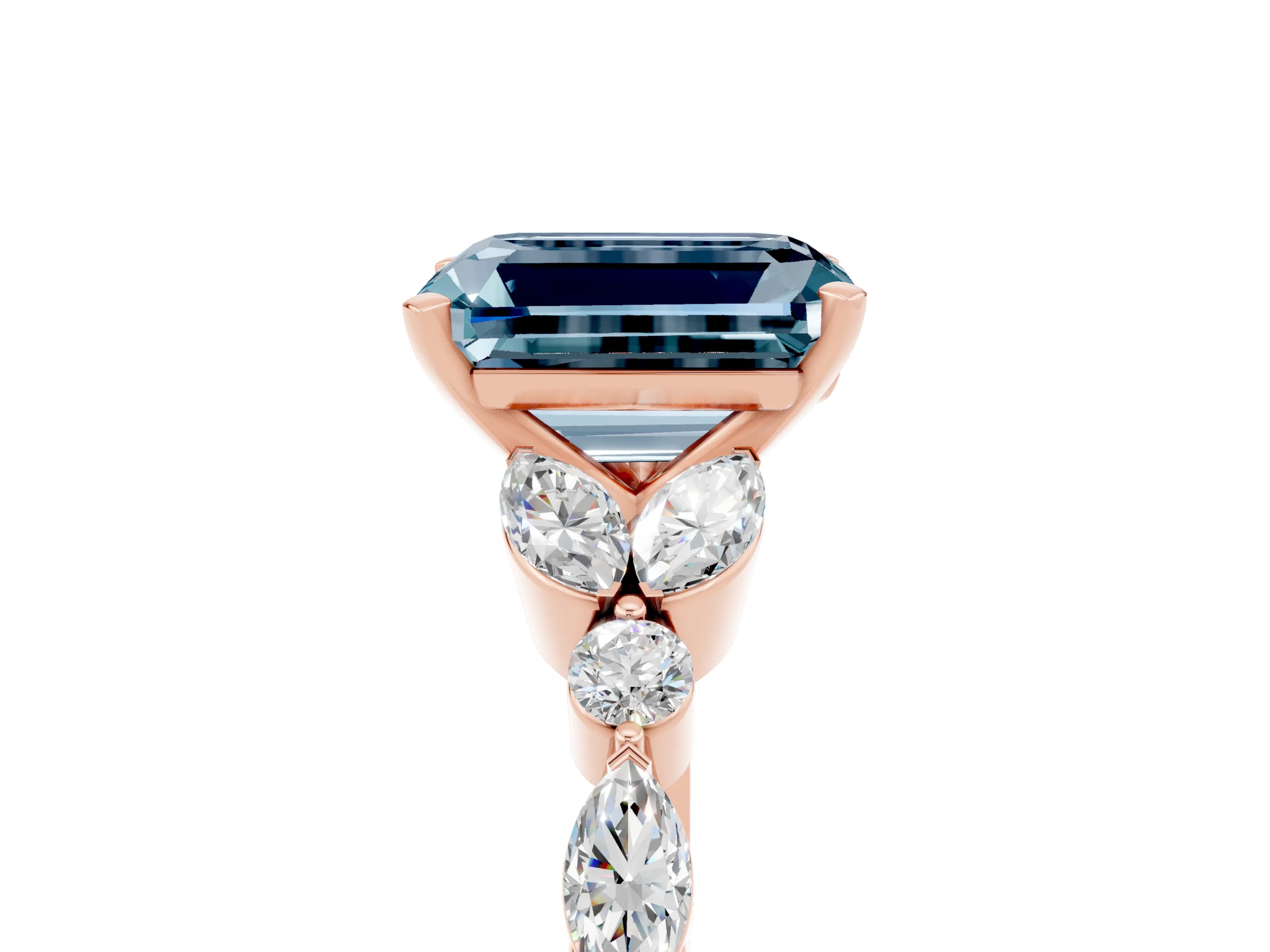 Rose gold Emerald Cut Aquamarine Solitaire Ring with Side Stones and Four-Prong Setting_17