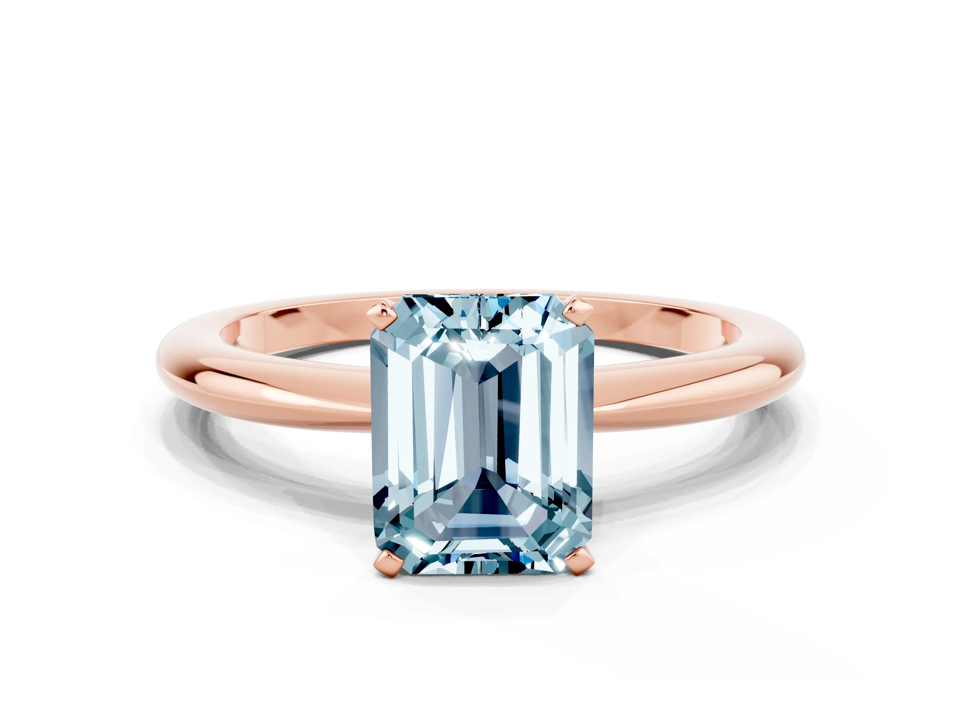 Rose gold Emerald Cut Aquamarine Solitaire Ring with Six-Prong Setting and Classic Band