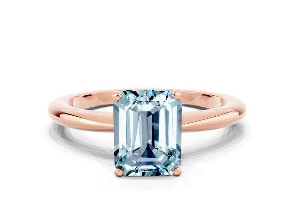 Rose gold Emerald Cut Aquamarine Solitaire Ring with Six-Prong Setting and Classic Band