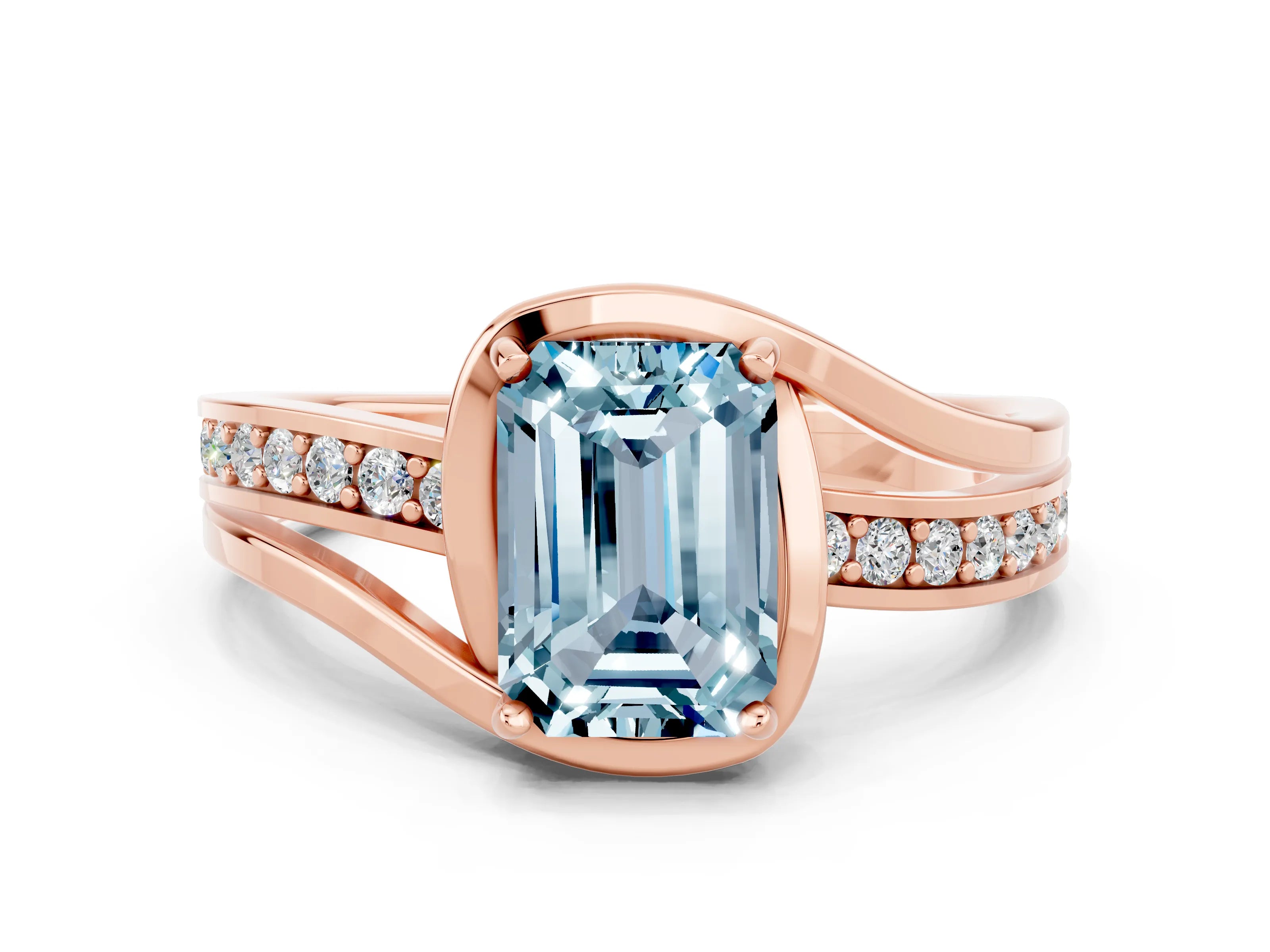 Rose gold Emerald Cut Aquamarine Solitaire Ring with Split Shank and Prong Setting