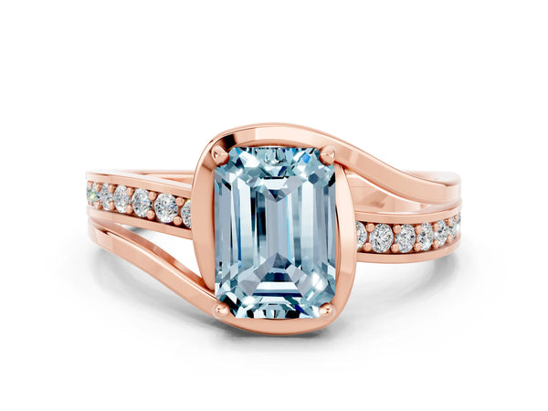 Rose gold Emerald Cut Aquamarine Solitaire Ring with Split Shank and Prong Setting