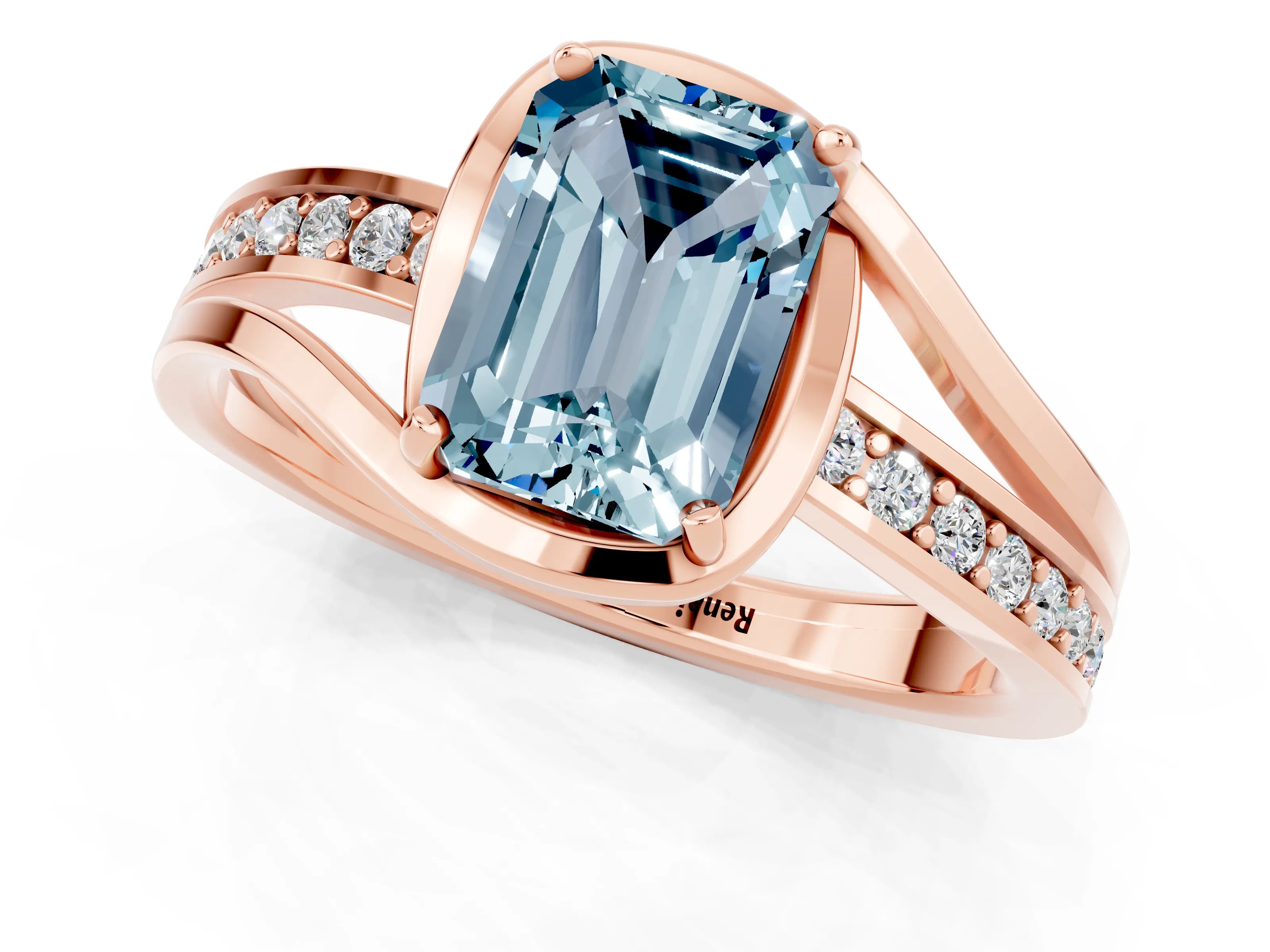 Rose gold Emerald Cut Aquamarine Solitaire Ring with Split Shank and Prong Setting_1