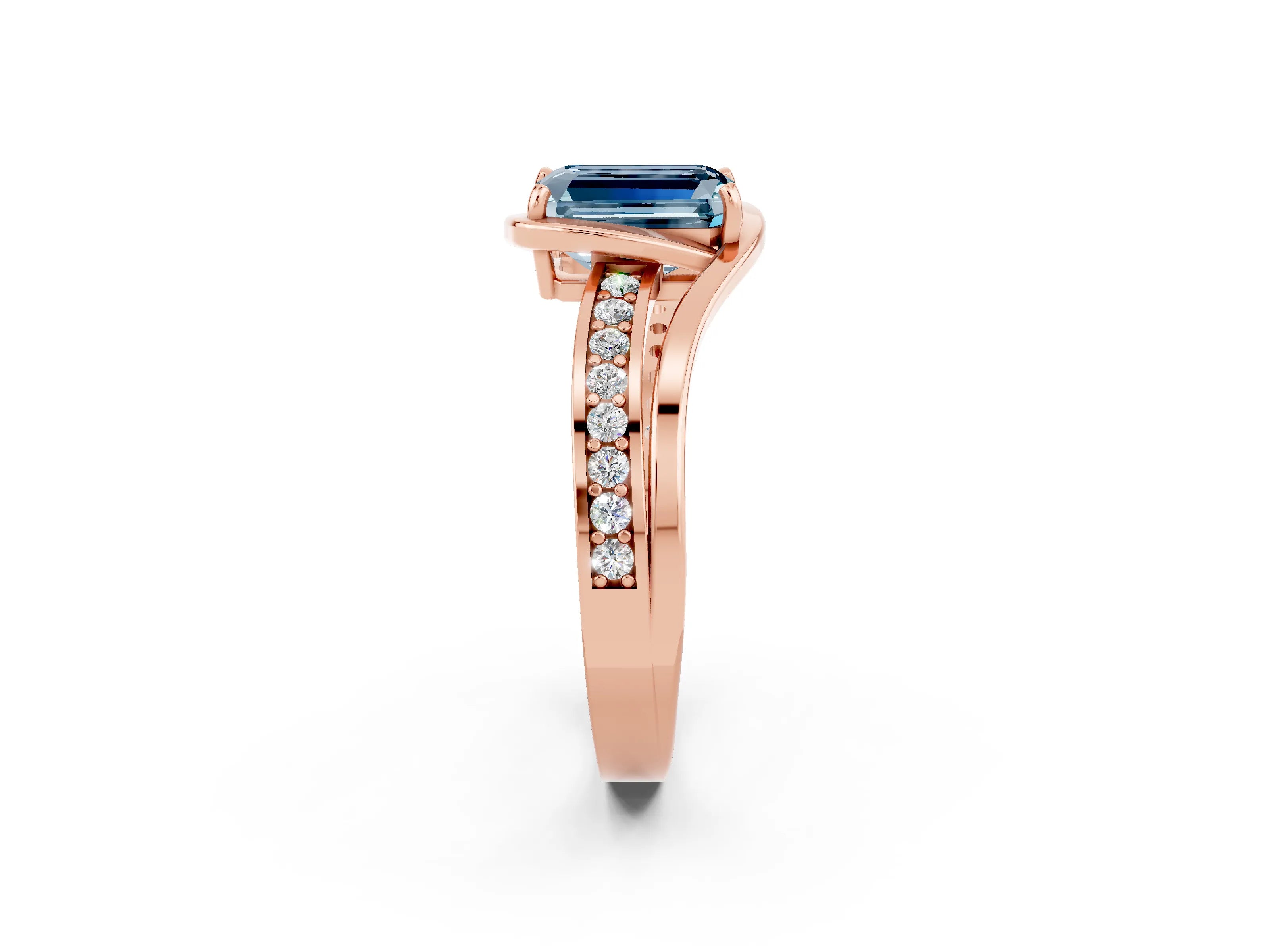 Rose gold Emerald Cut Aquamarine Solitaire Ring with Split Shank and Prong Setting_2