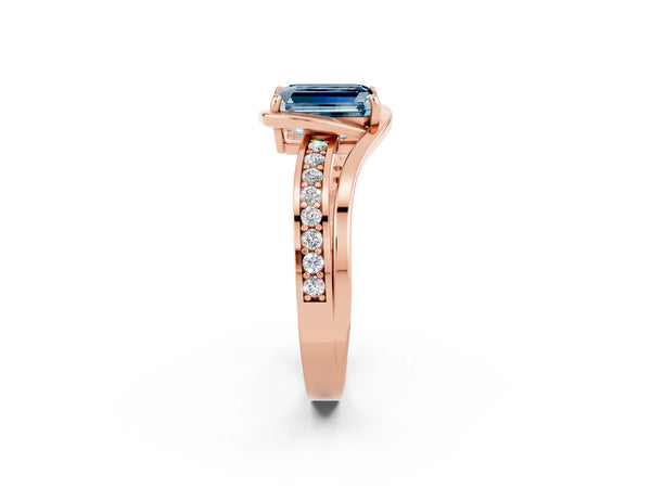 Rose gold Emerald Cut Aquamarine Solitaire Ring with Split Shank and Prong Setting