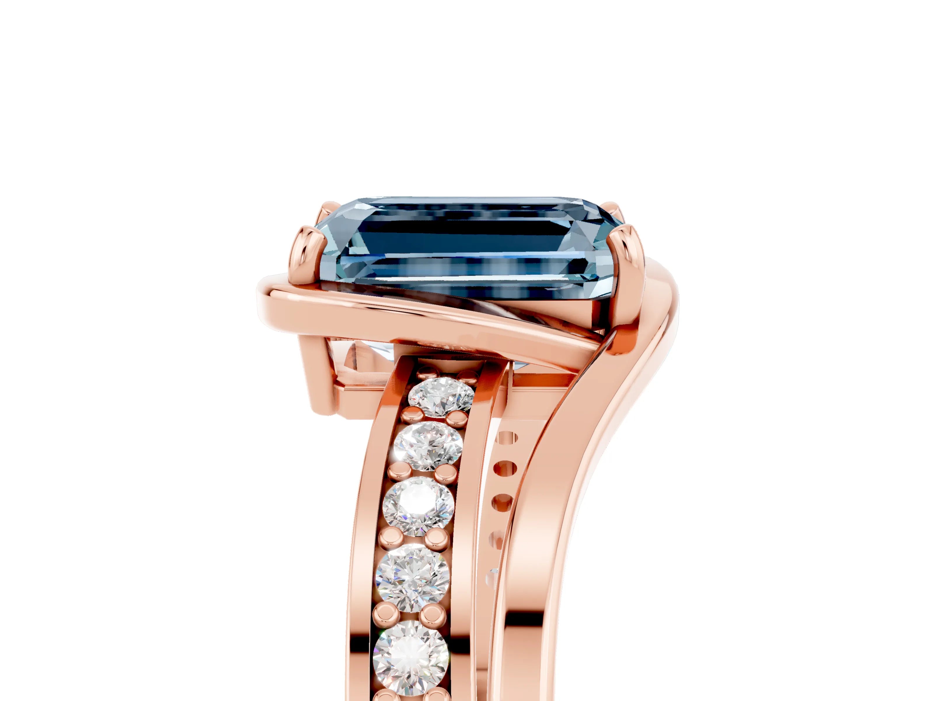 Rose gold Emerald Cut Aquamarine Solitaire Ring with Split Shank and Prong Setting_5